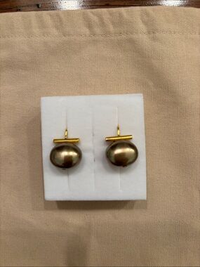 Gold Bar Drop Earrings with Iridescent Olive Pearls